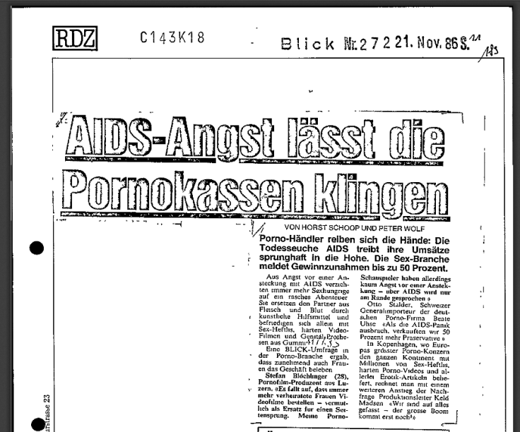 1986-11-21 Erster Aufmacher BLICK AIDS-Angst Pornokassen